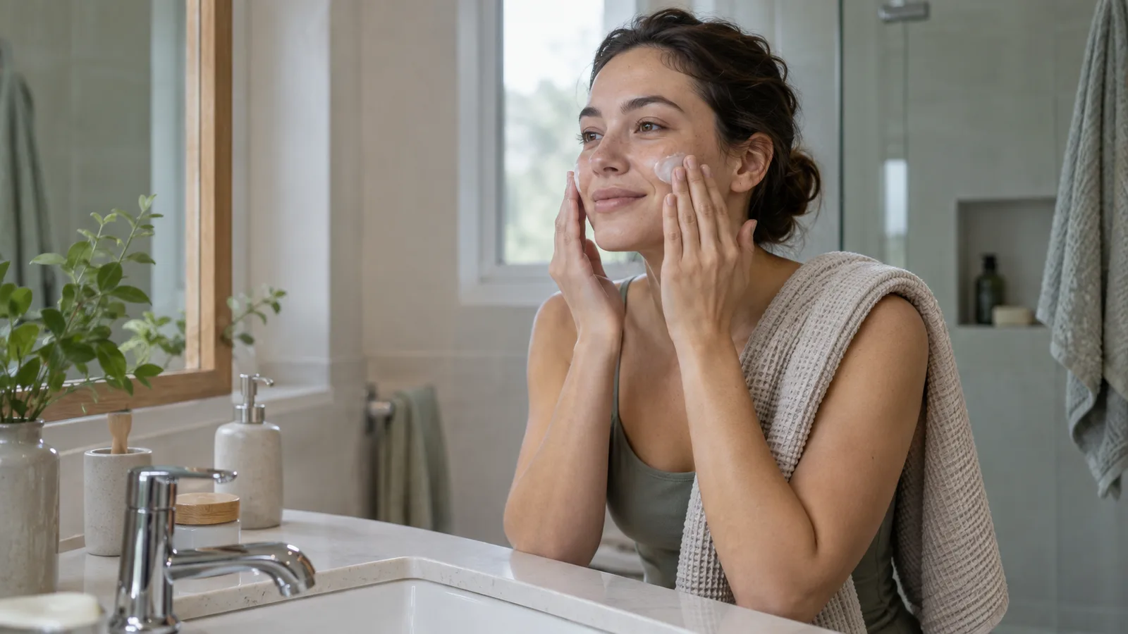 A woman with a towel over one shoulder smooths cream onto both cheeks while leaning over a bathroom sink.