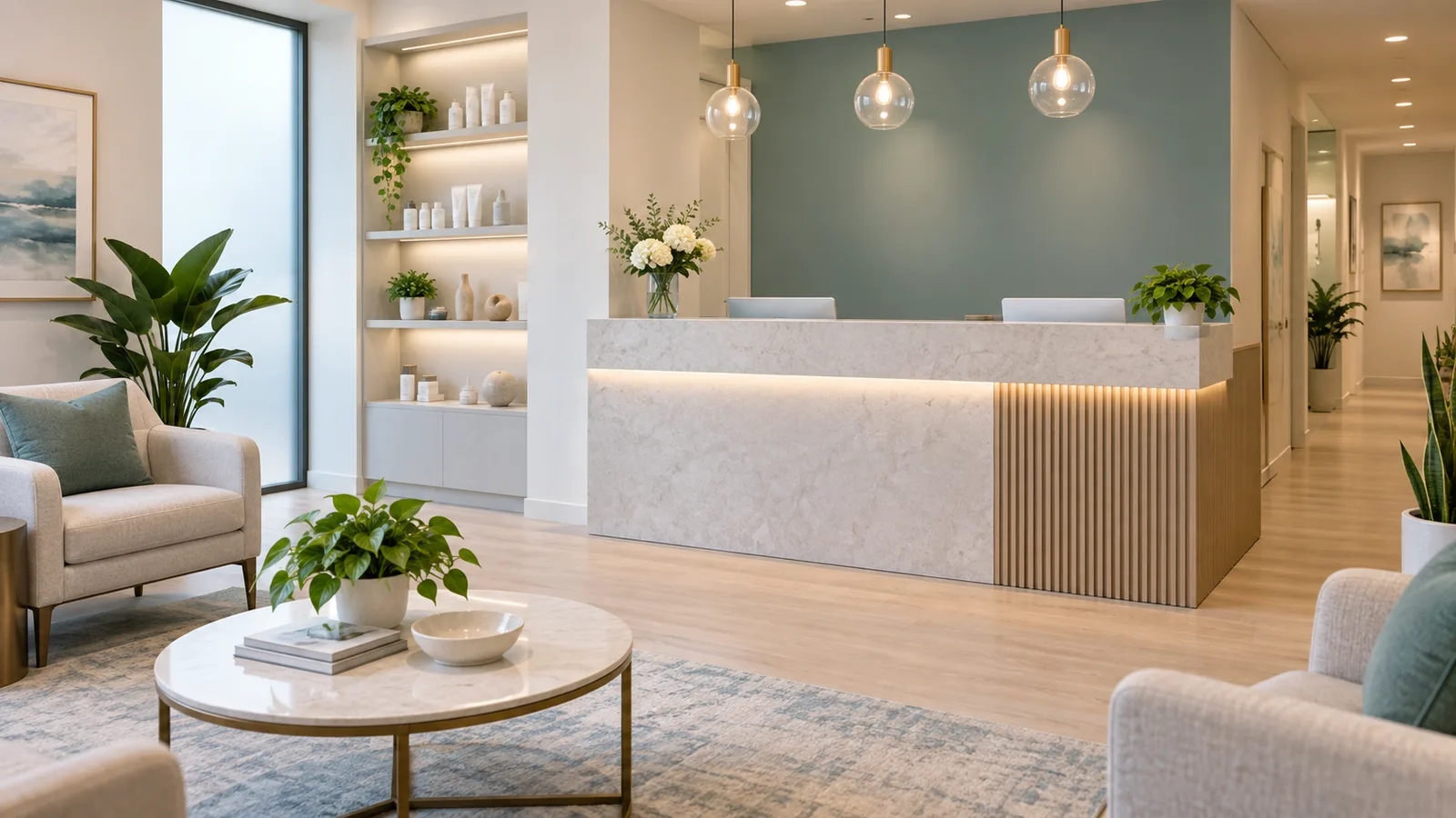 Reception area with a stone desk under glass pendant lights, a blue-green accent wall, lit shelves, and armchairs.