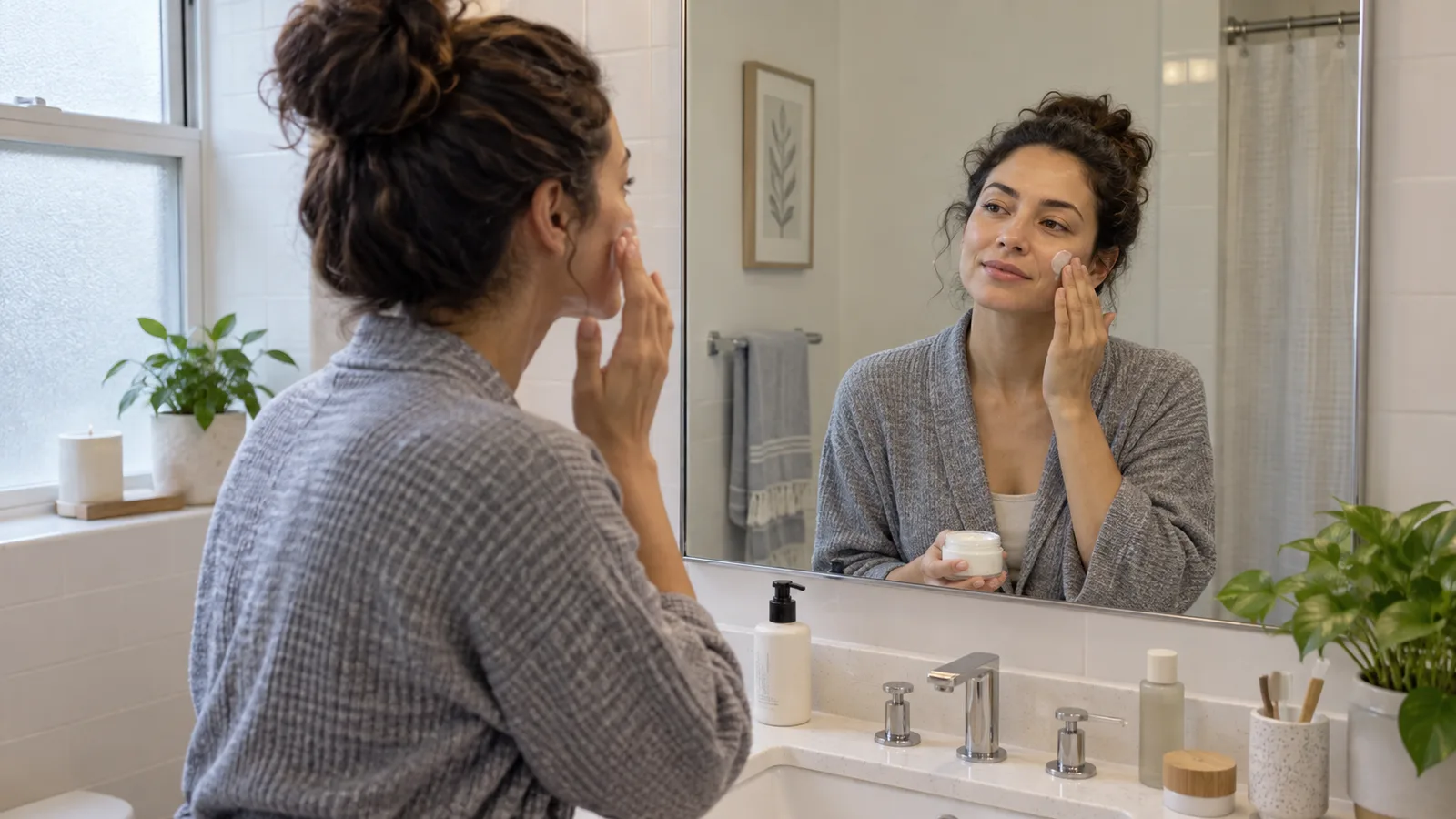A woman with curly hair in a gray robe holds a cream jar and dabs some on her cheek at a mirror.