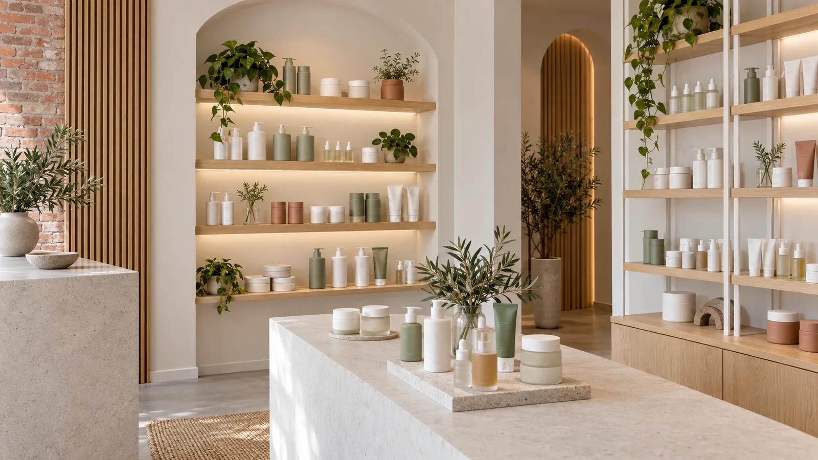 Arched wall niche with lit wooden shelves of sage and white skincare bottles, olive branches on a stone counter.