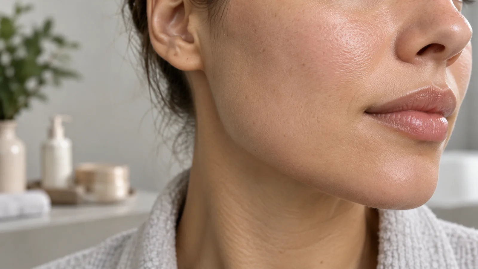 Close-up of a woman's cheek, lips, and neck above a gray waffle robe, with blurred bottles on a shelf behind.