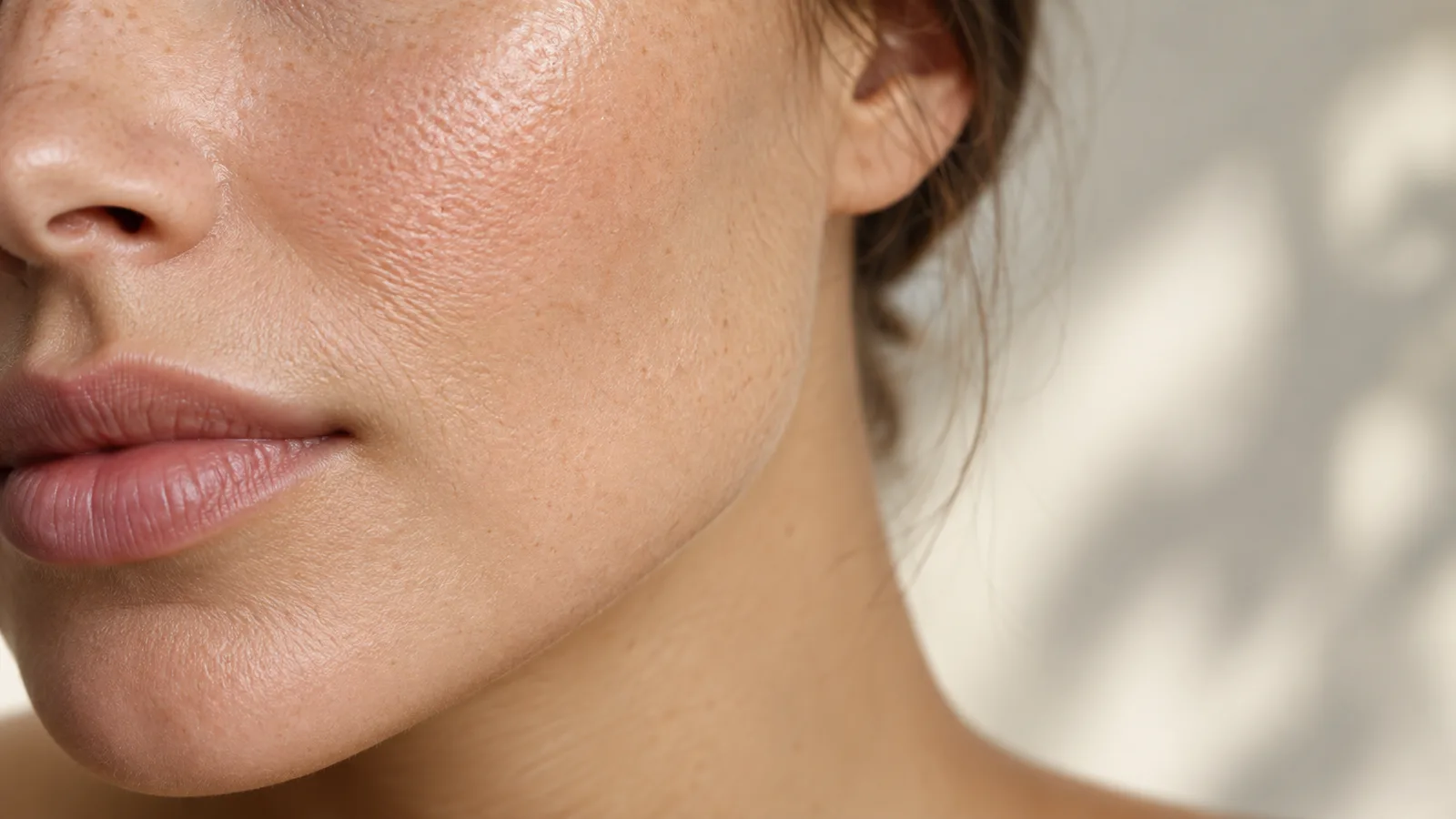 Close-up of the lower half of a woman's face showing freckles and pore texture, with soft leaf shadows behind.