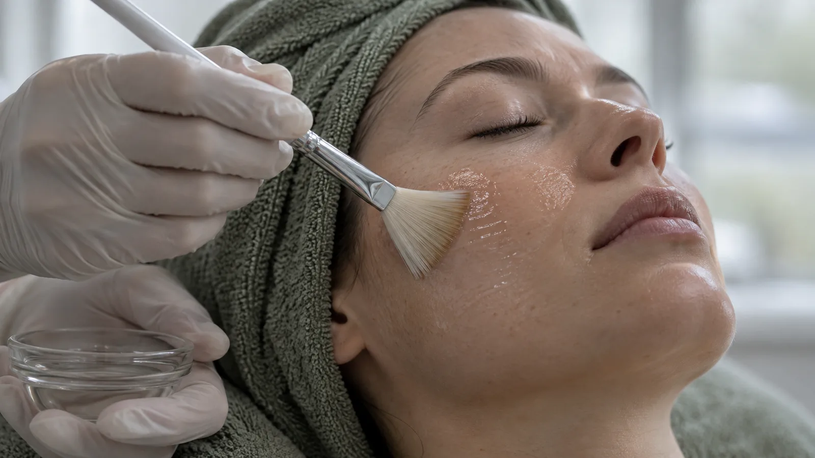 Gloved hand sweeps a clear liquid across a woman's cheek with a fan brush as she lies with eyes closed.