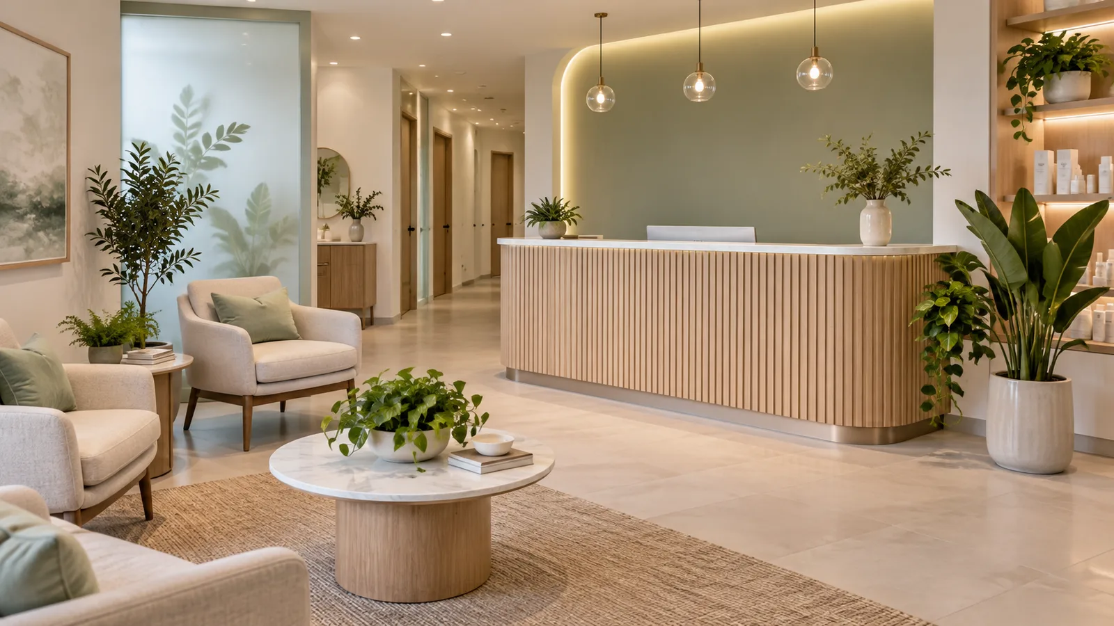 Cream armchairs around a round marble table facing a curved wood-slat reception desk and a sage green wall.