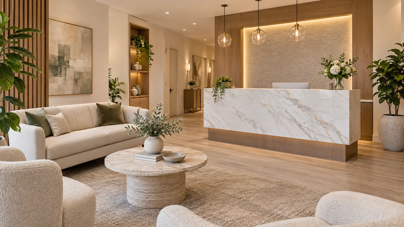 Lounge with a cream sofa and travertine coffee table facing a white marble reception desk under three glass pendants.