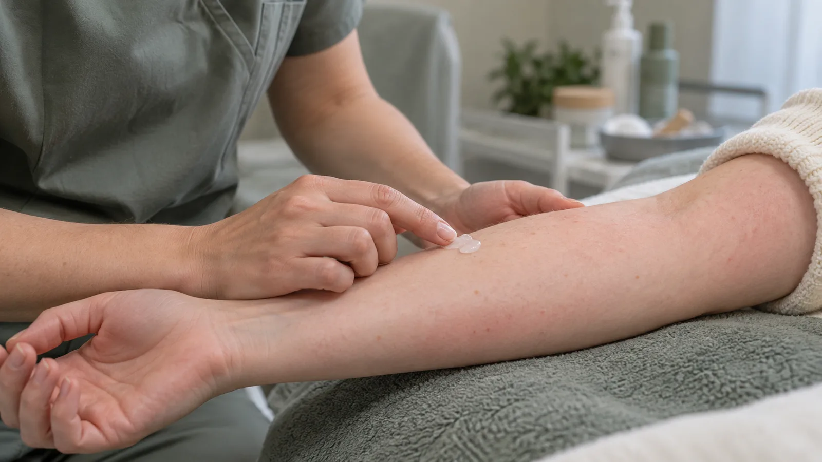 A clinician in sage scrubs dabs a small amount of cream onto a client's forearm resting on a towel.