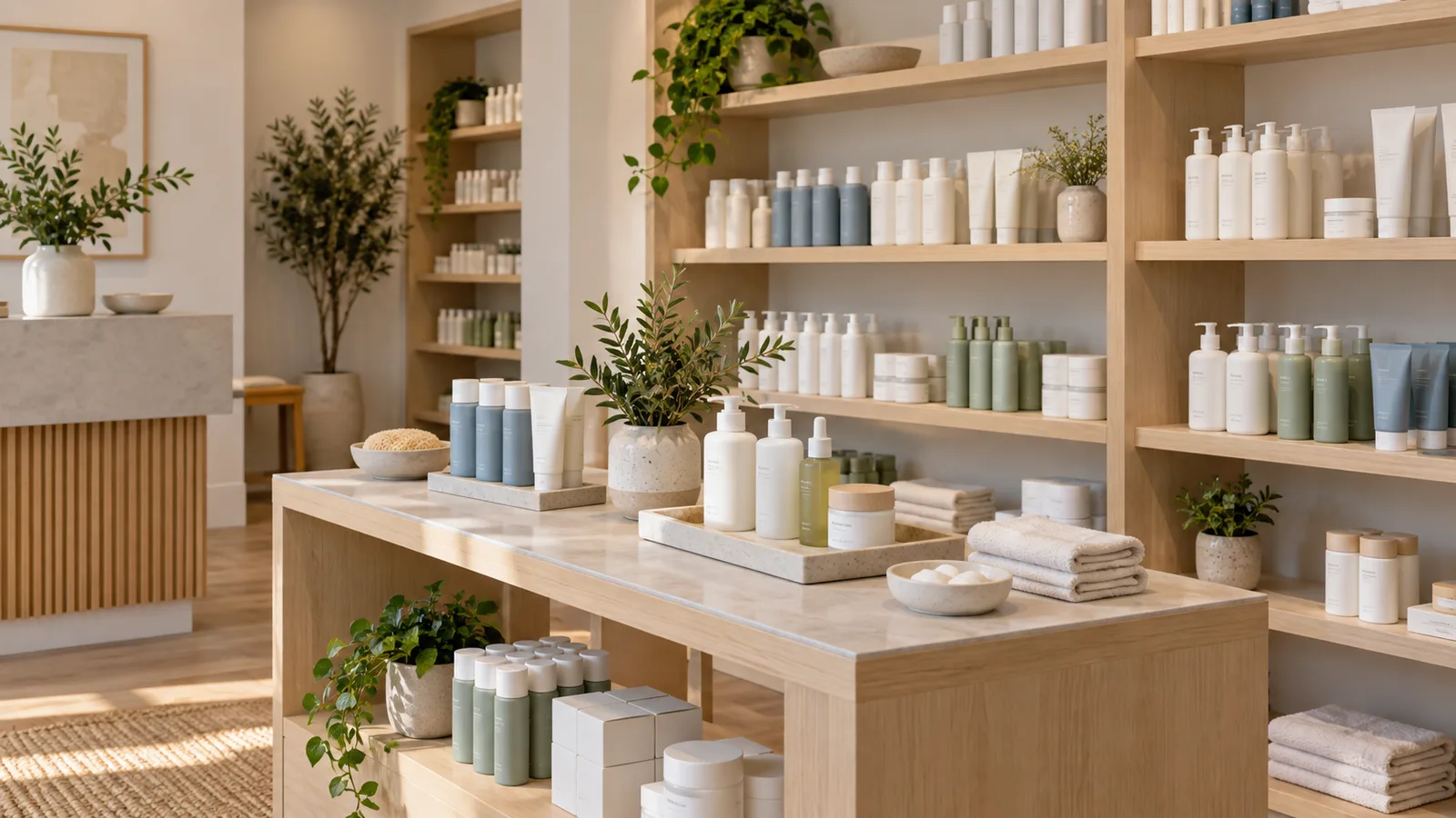 Pale wood shelves and a marble-topped table displaying rows of white, blue, and sage skincare bottles and folded towels.