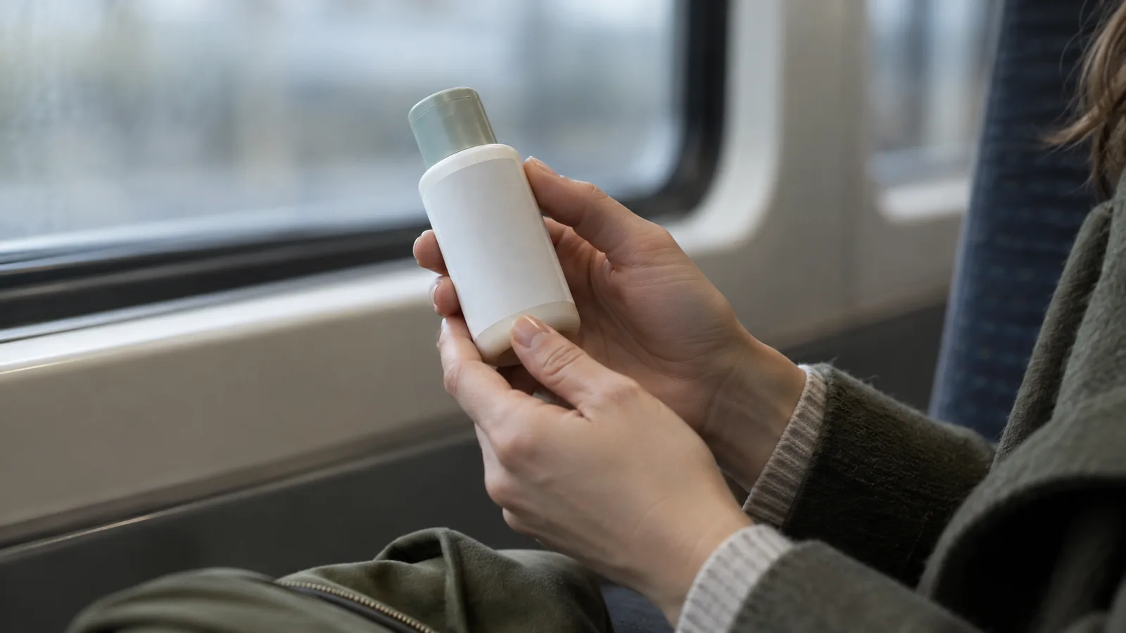 Close-up of hands turning a small plain skincare bottle to read its label on a commuter train.